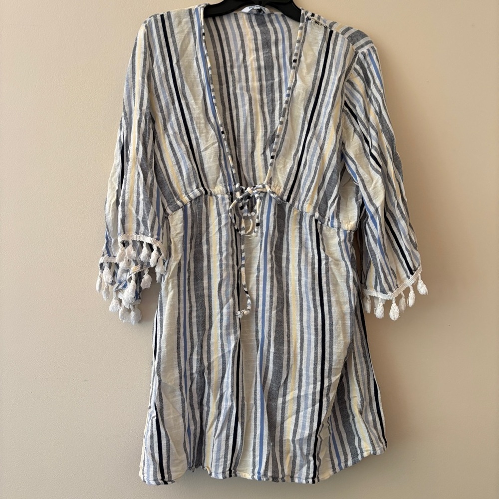 Blue Island Striped Tassel Swim Cover Up Tunic Dress Size Large